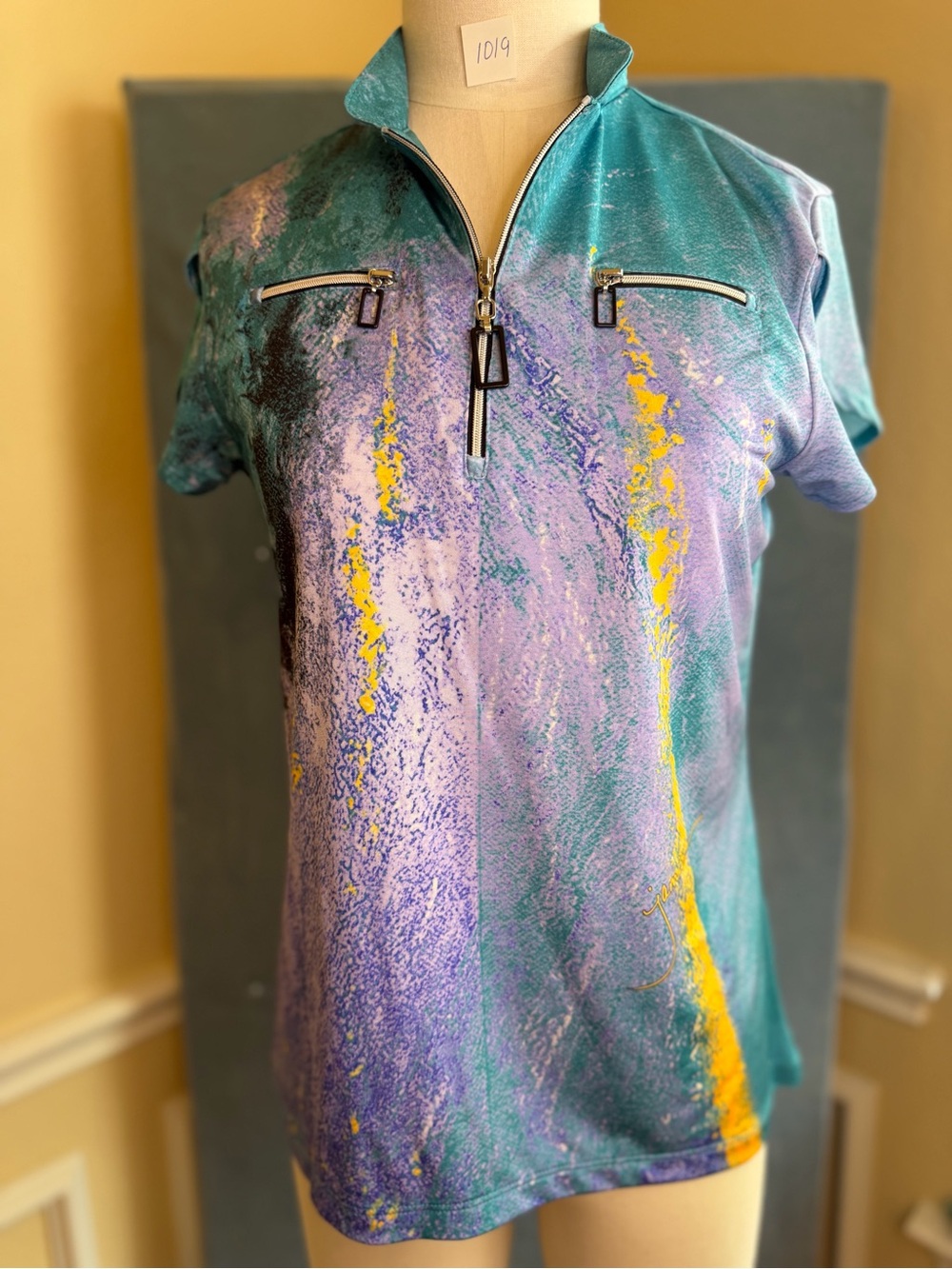 Jamie Sadock Golf Vibrant Abstract Print Zip Polo - Teal, Purple & Yellow Size S